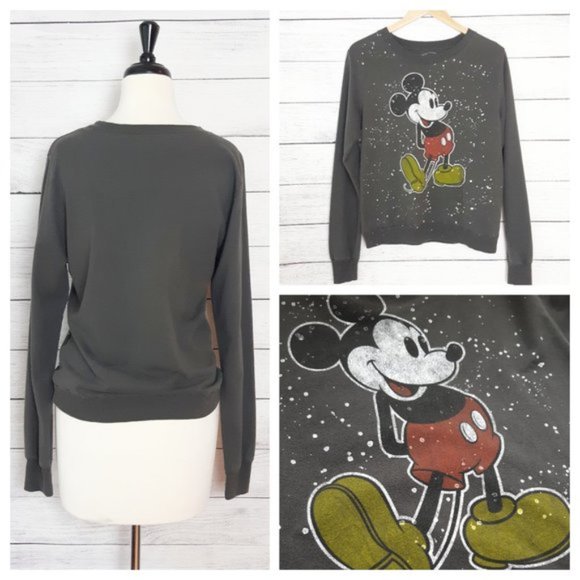 Mickey Mouse Disney Sweatshirt Gray Paint Splatter Distressed Look Crew Neck - Picture 5 of 7
